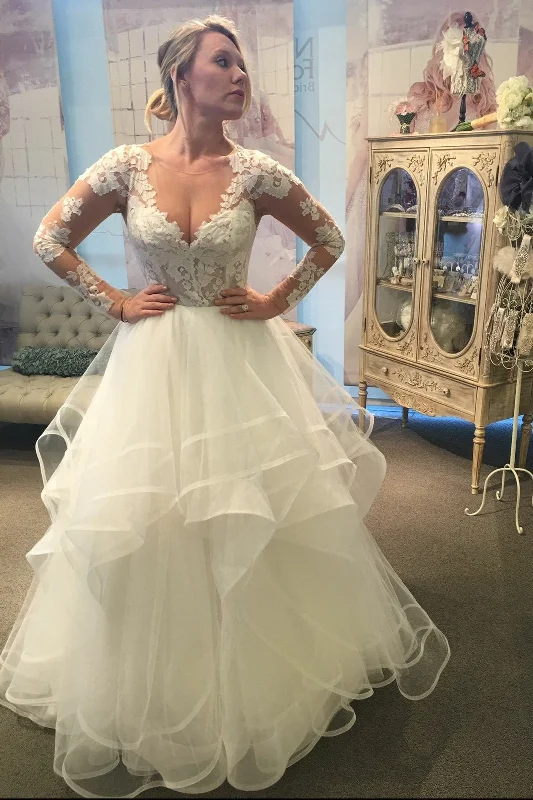 Lace Long Sleeves Bridal Gown with Ruffles Tulle Skirt corduroy skirt textured