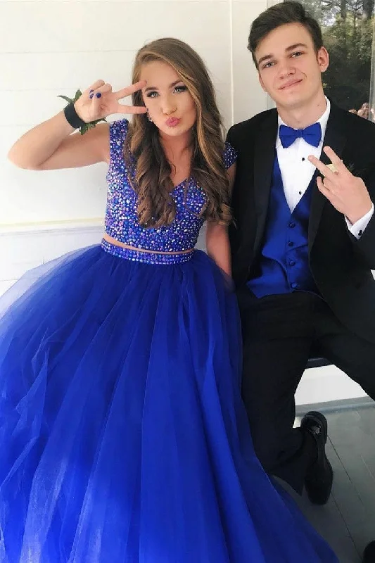 Rhinestones Two-piece Prom Gowns with Royal Blue Tulle Skirt leather skirt modern
