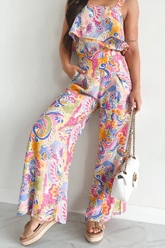 Colorful Imagination Printed Wide Leg Pants (Multi) Relaxed Lounge Trousers