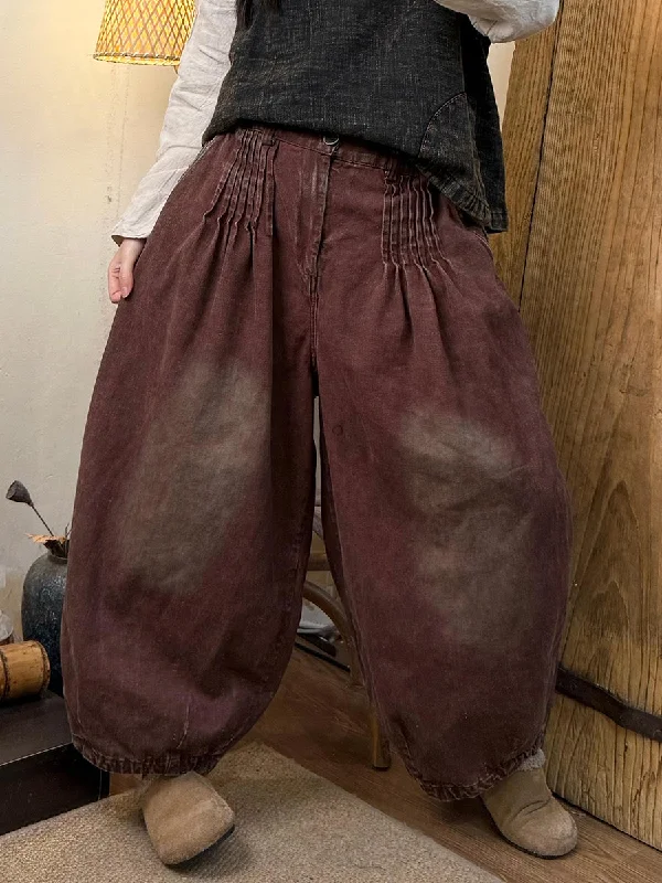 Women Spring Casual Denim Shirred Harem Pants Cozy Full-Length Pants