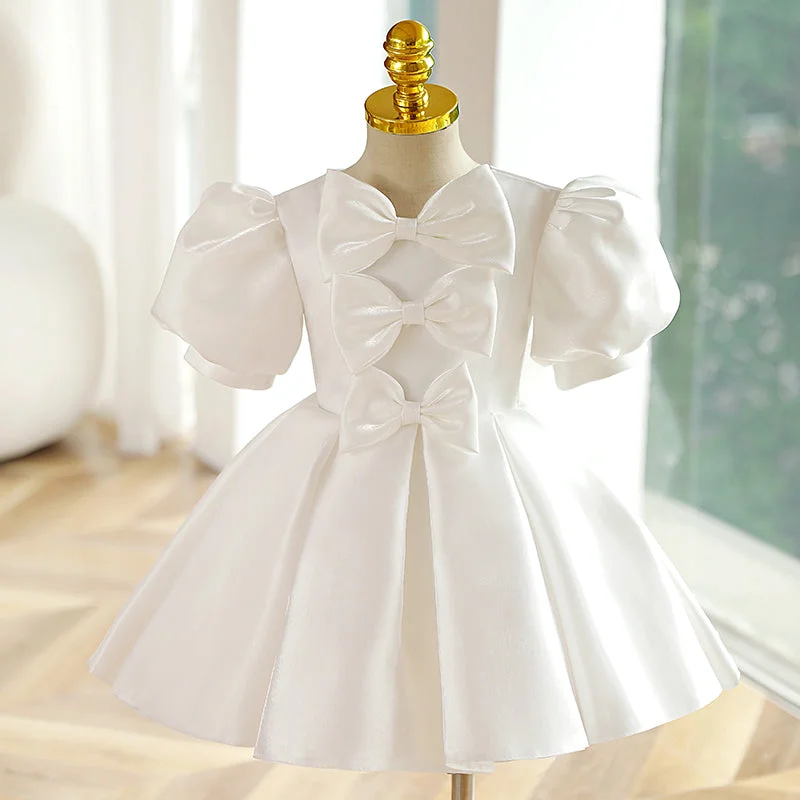 Flower Girl Dress Toddler Summer Princess Party Dress White Textured Bow Baptism Dress Pleated Skirt Elegant Flower Girl Dress Toddler Summer Princess Party Dress White Textured Bow Baptism Dress Pleated Skirt Elegant