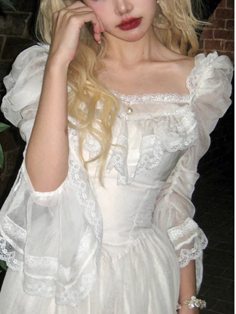 Advbridge White fluffy sleeved Lolita Fairy Dress Women's Vintage Chiffon Elegant Sweet Midi Dress Lace Korean Party Dress Women's Tunics Designer luxury Advbridge White fluffy sleeved Lolita Fairy Dress Women's Vintage Chiffon Elegant Sweet Midi Dress Lace Korean Party Dress Women's Tunics Designer luxury