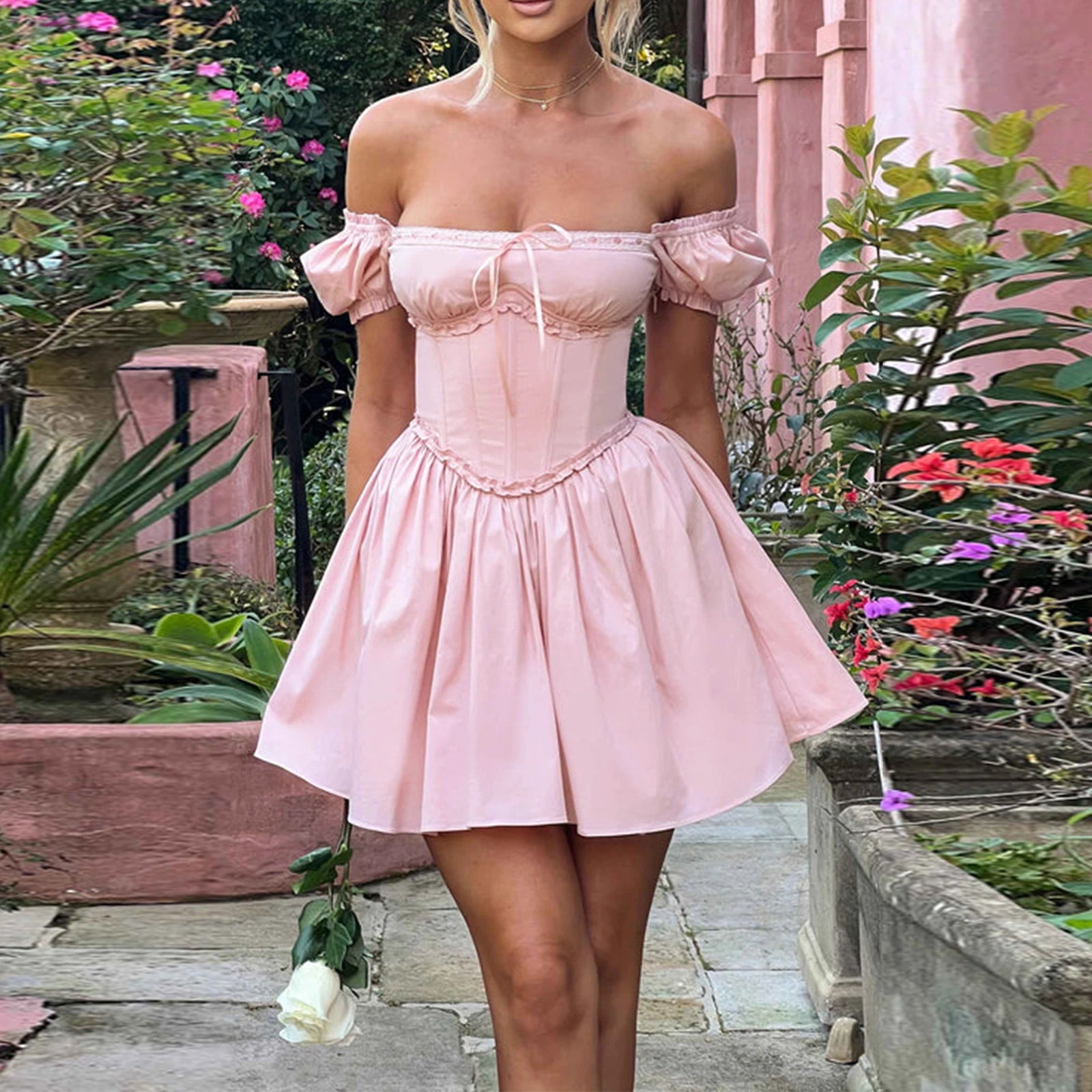 Advbridge Women's Vintage Off Shoulder Puff Short Sleeve Solid Color/Floral Print Backless Corset A-Line High Waist Party Dress Tunics New arrival Advbridge Women's Vintage Off Shoulder Puff Short Sleeve Solid Color/Floral Print Backless Corset A-Line High Waist Party Dress Tunics New arrival