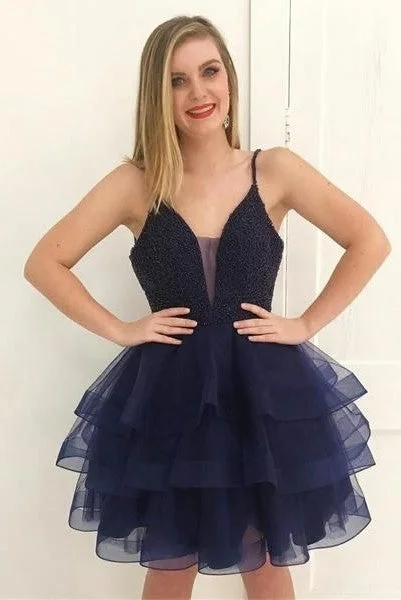 Layered Skirt Navy Blue Homecoming Gown with Beaded Plunging Neckline linen skirt relaxed