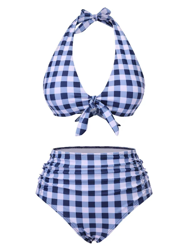 Blue 1950s Halter High-Waist Plaids Swimsuit Strapless Swimsuit Top