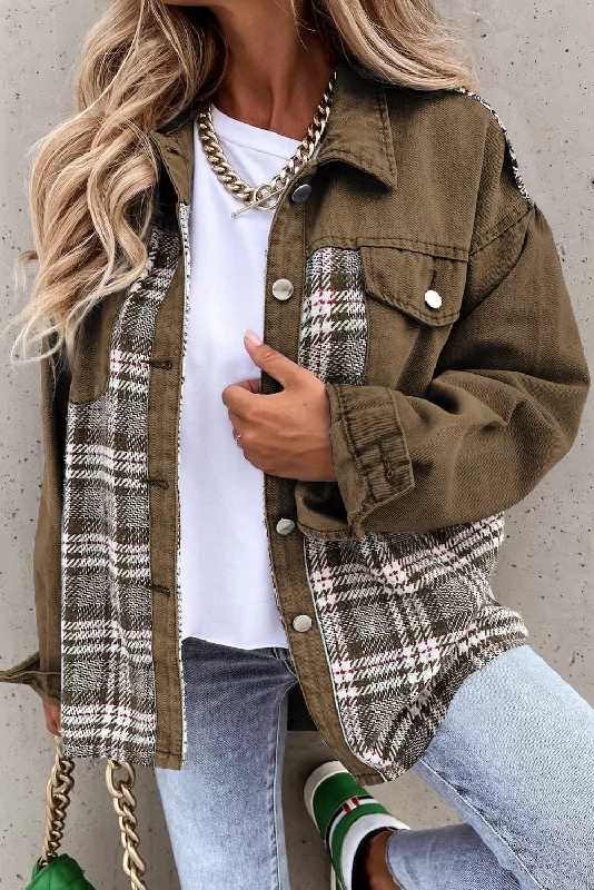 Brown Plaid Patchwork Pockets Denim Jacket Striped Jacket Polka Dot Jacket Floral Jacket Brown Plaid Patchwork Pockets Denim Jacket Striped Jacket Polka Dot Jacket Floral Jacket