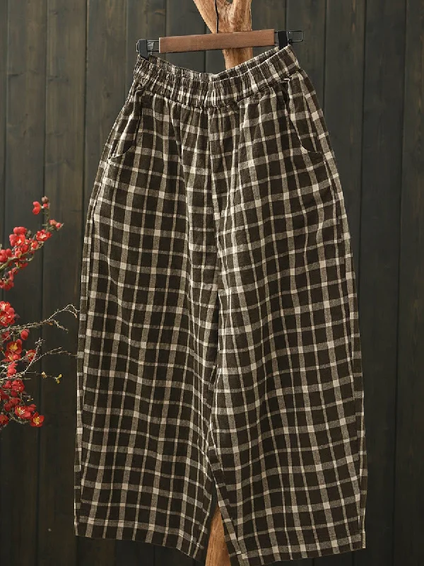 Women Spring Plaid Loose Cotton Harem Pants Chic Wool Trousers