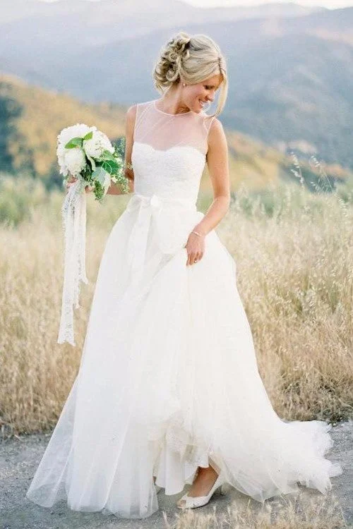 Illusion Neckline Simple Boho Wedding Gowns with Tulle Skirt cashmere skirt rich