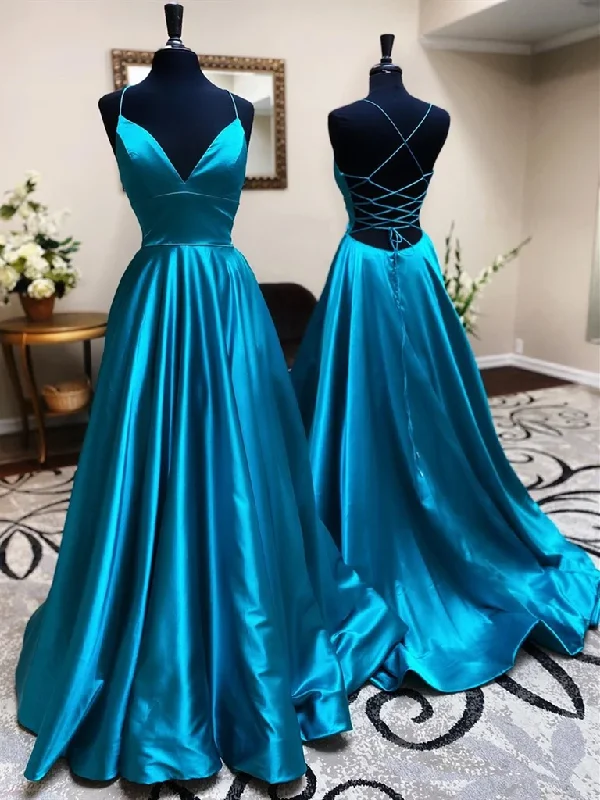 A Line V Neck Open Back Teal Satin Long Prom Dresses, Backless V Neck Blue Formal Evening Graduation Party Dresses Tunics Sophisticated sleek A Line V Neck Open Back Teal Satin Long Prom Dresses, Backless V Neck Blue Formal Evening Graduation Party Dresses Tunics Sophisticated sleek