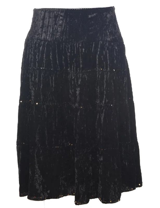 Velour Black Midi Skirt - S velvet skirt luxurious
