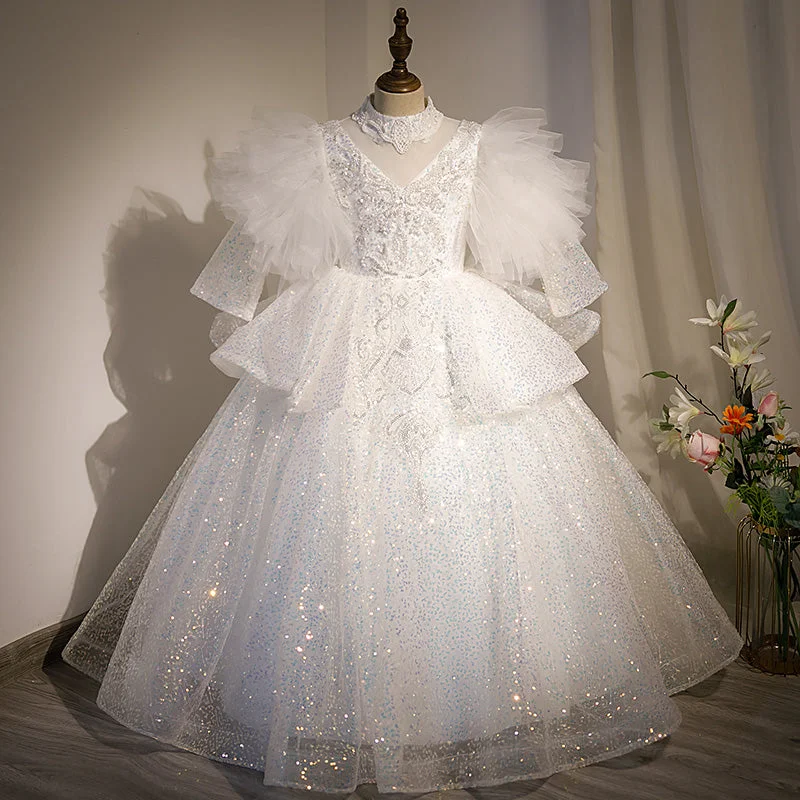 Girl First Communion Dress Flower Girls Princess White Sequin Puffy Pageant Baptism Party Dress Tunics Chic elegant Girl First Communion Dress Flower Girls Princess White Sequin Puffy Pageant Baptism Party Dress Tunics Chic elegant