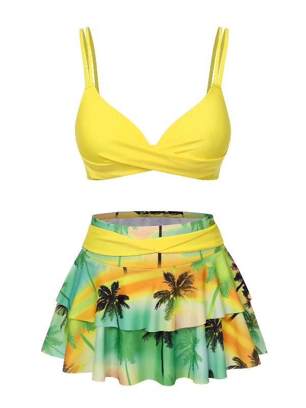 1950s Solid Top & Double Layer Printing Swimsuit Sexy Monokini Swimsuit