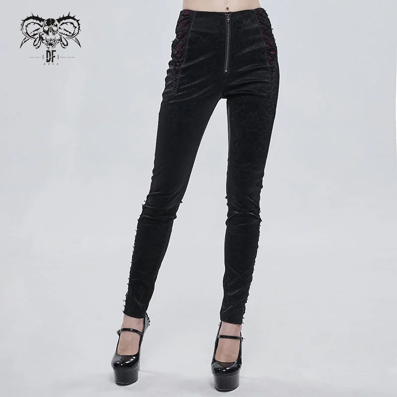 Black Velvet Side Lace Pants w/ Red Panel Detail Casual Sweatpants Style