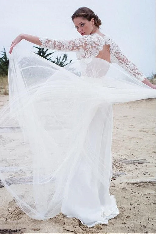 Illusion Lace Sleeves Boho Wedding Gown with Tulle Skirt lace skirt intricate