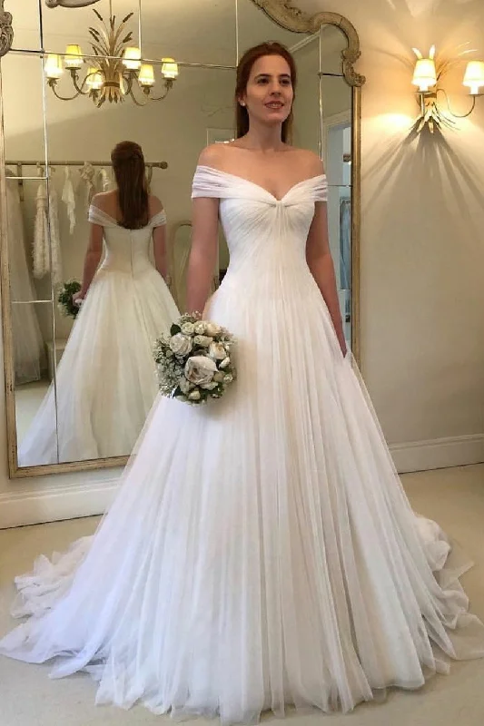 Pleated Off-the-shoulder Ivory Wedding Gowns Tulle Skirt satin skirt smooth