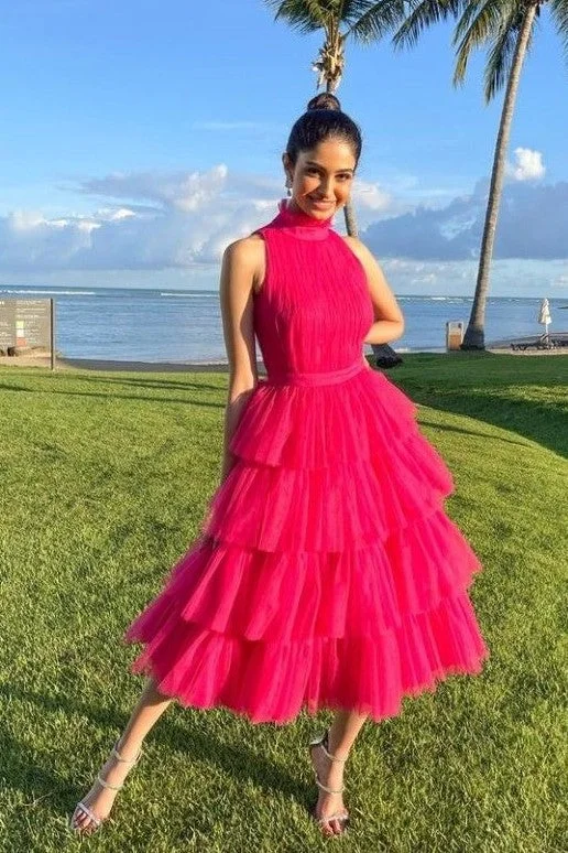 High Neck Tea-length Prom Gowns with Layered Skirt wool skirt warm
