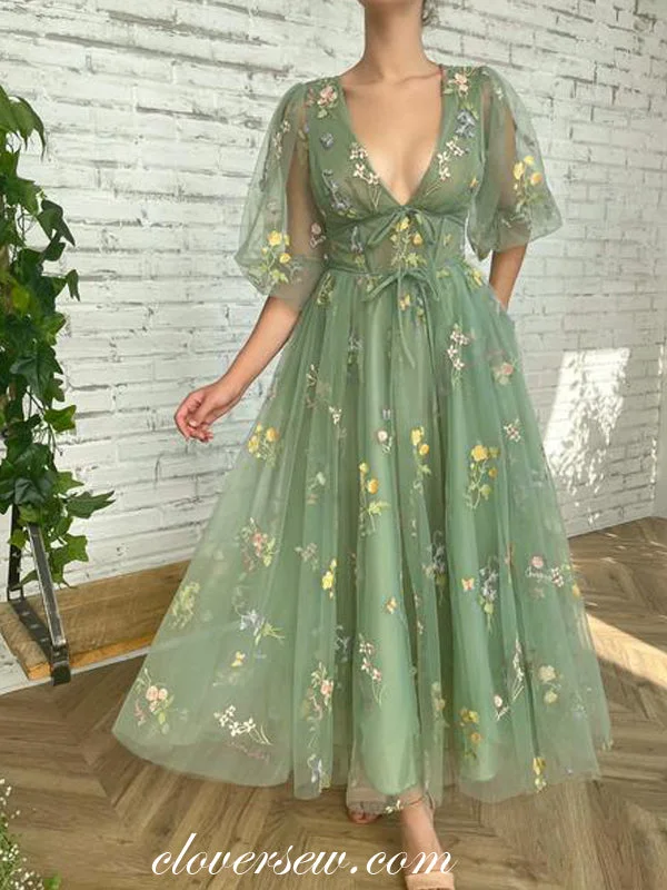 Floral Embroidery Tulle Half Sleeves V-neck Green Ankle Length Party Dresses, CP0733 Tunics Fall fleece Floral Embroidery Tulle Half Sleeves V-neck Green Ankle Length Party Dresses, CP0733 Tunics Fall fleece