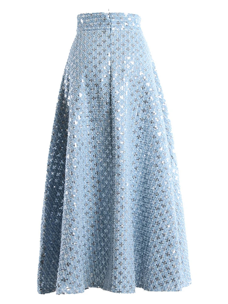 Denim Sequined Embroidery A Line Skirt linen skirt light