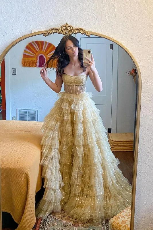 Shiny Strapless A-Line Tulle Tiered Long Prom Dress Evening Party Dress, DP3148 Tunics Business professional Shiny Strapless A-Line Tulle Tiered Long Prom Dress Evening Party Dress, DP3148 Tunics Business professional