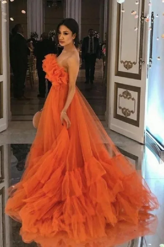 Orange A-Line Ruffles Tulle Evening Party Dresses Strapless Tiered Prom Dresses ,DP459 Shift Classic Vintage Orange A-Line Ruffles Tulle Evening Party Dresses Strapless Tiered Prom Dresses ,DP459 Shift Classic Vintage