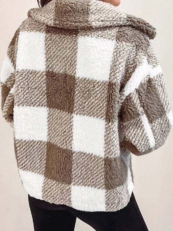 Button-Front Checkered Fleece Jacket Oversized Jacket Tailored Jacket Straight Jacket Button-Front Checkered Fleece Jacket Oversized Jacket Tailored Jacket Straight Jacket
