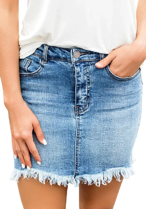 Light Blue Frayed Hem Washed Denim Mini Skirt leather skirt modern