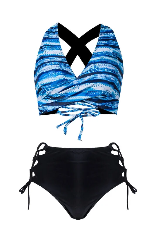 Blue 1950s Ocean Stripes Swimsuit Sporty Swim Shorts