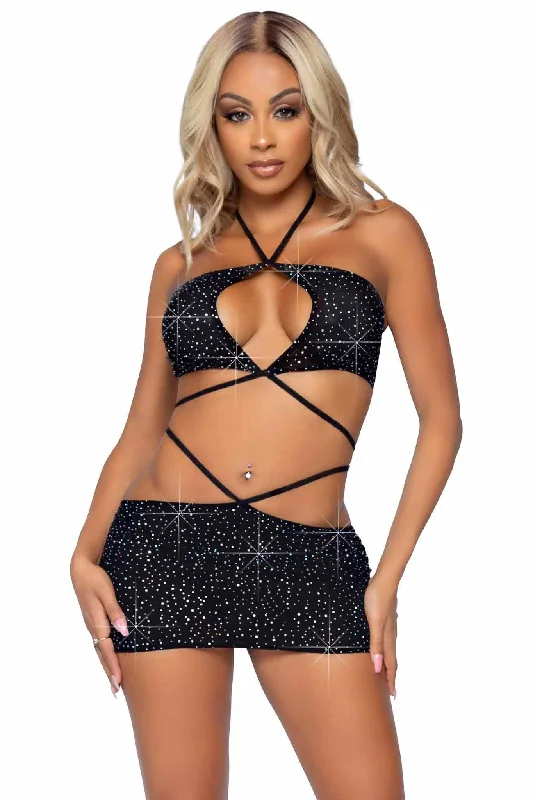 2 Piece Rhinestone Keyhole Bandeau Top, Low Rise Skirt Set chiffon skirt floaty