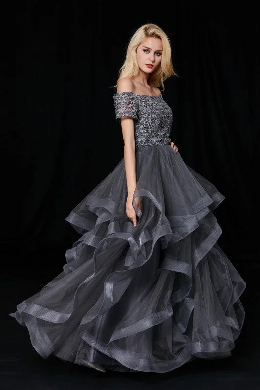 Off-the-shoulder Lace Grey Prom Gown with Netting Trim Skirt elastic waist skirt