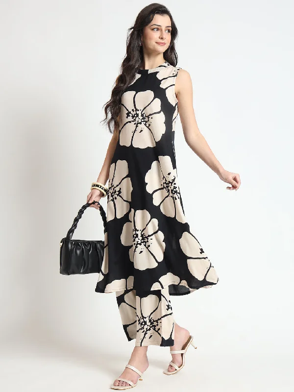 Divena Black Floral Print Rayon Sleeveless Kurta with Pant Relaxed Linen Pants