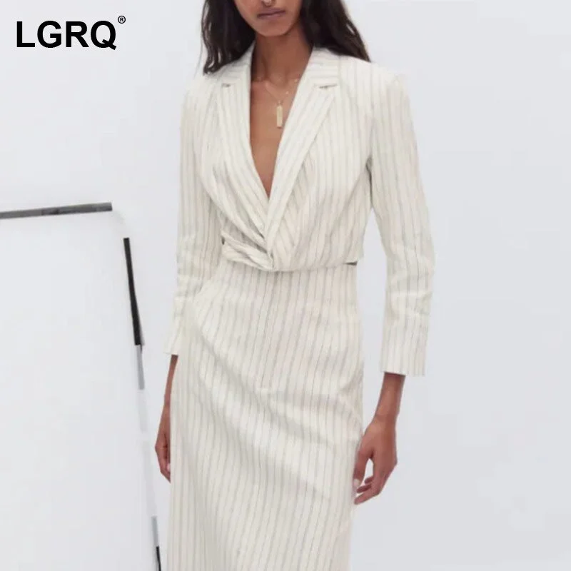 [LGRQ] Women White Striped Casual Blazer Notched Neck Long Sleeve Loose Fit Jacket Tide Autumn Winter 2022 19D2340 Satin Fabric Silk Fabric Chiffon Fabric