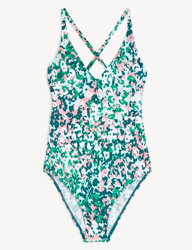 Printed Tie Detail Plunge V-Neck Swimsuit Adjustable Swim Top
