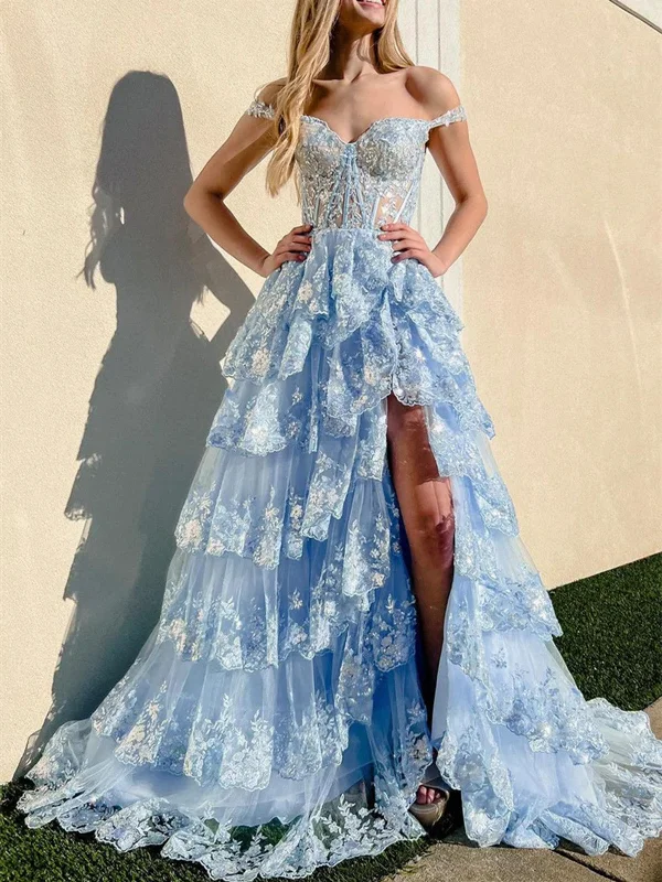 Blue Tulle Lace Long Prom Dress, Off the Shoulder Evening Dress Party Dress Tunics Cozy comfortable Blue Tulle Lace Long Prom Dress, Off the Shoulder Evening Dress Party Dress Tunics Cozy comfortable