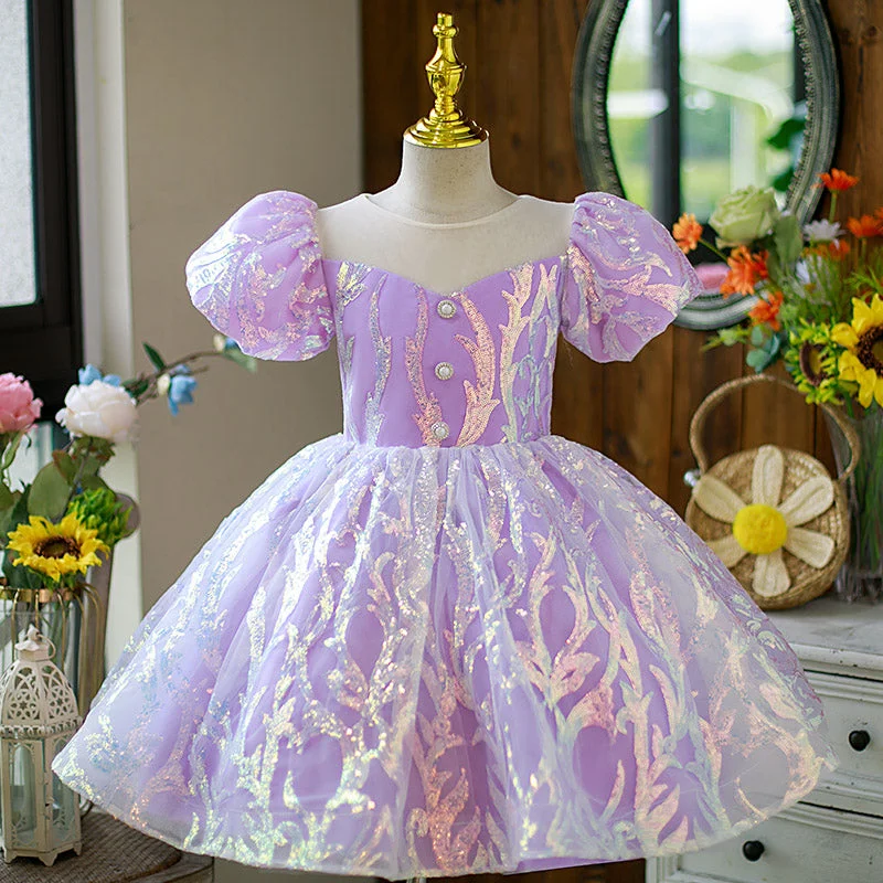Flower Girl Dress Little Girl Puff Sleeves Summer Cute Sequins Cake Birthday Party Dress Tunics Canvas sturdy