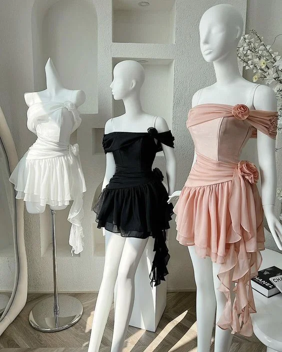 Pink Off Shoulder A-Line Ruffles Sheath Short Party Dress Birthday Outfits, DP3119 Tunics Office stylish Pink Off Shoulder A-Line Ruffles Sheath Short Party Dress Birthday Outfits, DP3119 Tunics Office stylish