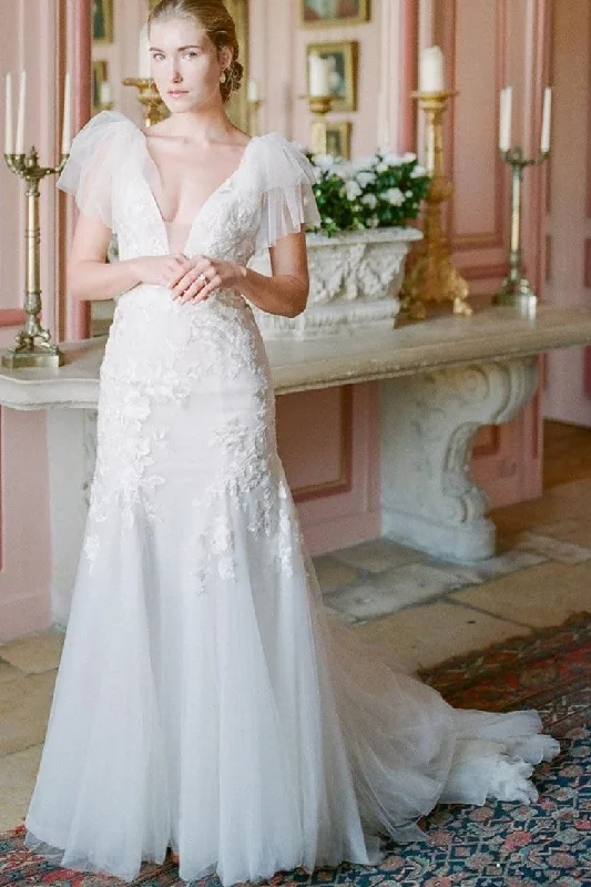 Tulle Sleeves Lace Wedding Gown with Removeable Skirt midi skirt versatile