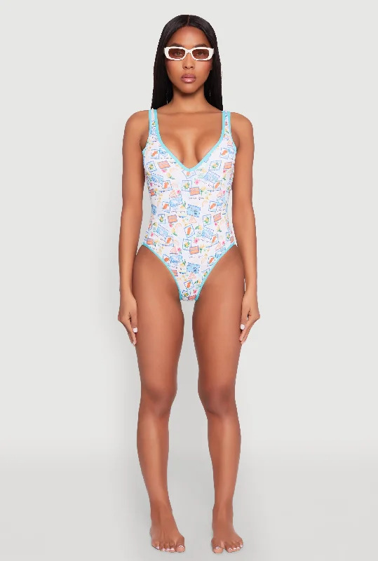 Tropical Stamp Print One Piece Swimsuit Chic Bikini Set