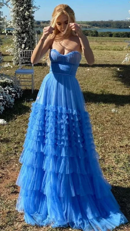 Blue Tulle Tiered A-Line Strapless Formal Elegant Evening Party Dress Prom Gown,DP594 Tunics Chic fashionable Blue Tulle Tiered A-Line Strapless Formal Elegant Evening Party Dress Prom Gown,DP594 Tunics Chic fashionable