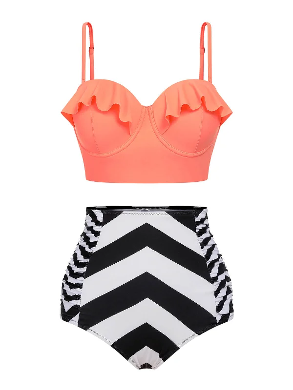 Orange 1940s Stripe Ruffles Strap Swimsuit High-Cut One-Piece
