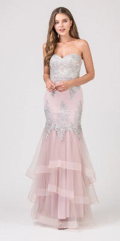 Eureka 6009 Strapless Embroidered Gown Layered Skirt Sweetheart Neck denim skirt trendy
