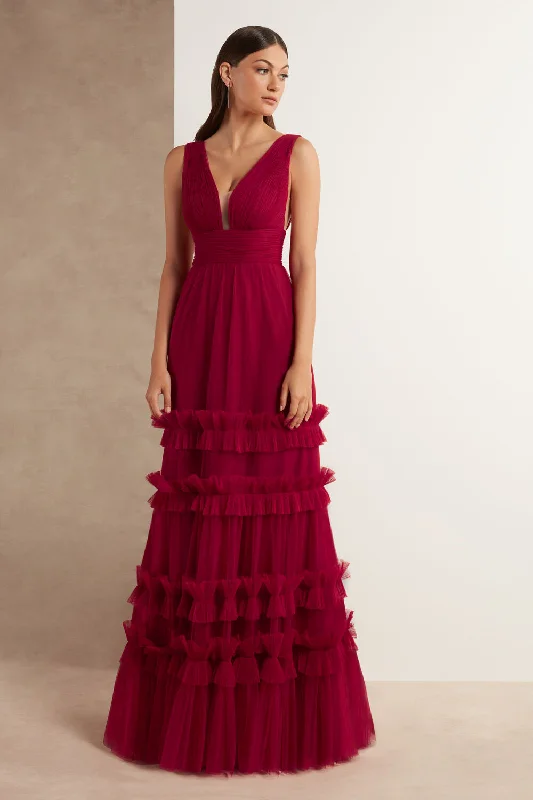 V-neckline Tulle Prom Gown with Ruffled Skirt velvet skirt plush
