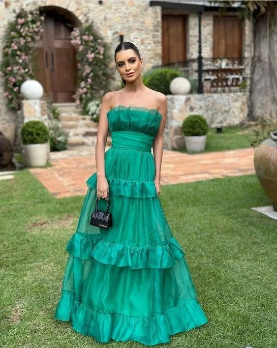 Green A-Line Strapless Tiered Long Prom Dress Party Dress,DP524 Tunics Evening elegant Green A-Line Strapless Tiered Long Prom Dress Party Dress,DP524 Tunics Evening elegant