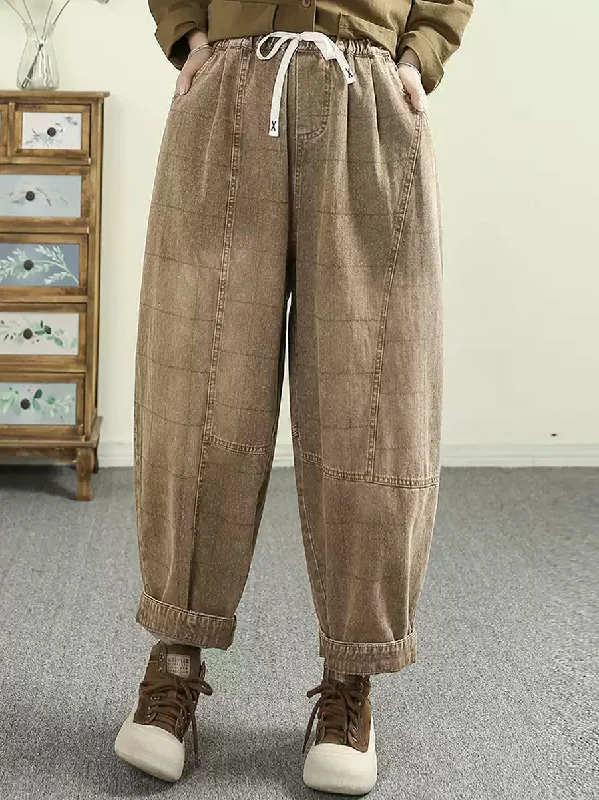 Women Spring Retro Plaid 100%Cotton Harem Pants Elegant Silk Pants