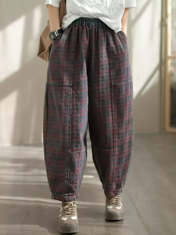 Women Spring Retro Plaid Denim Harem Pants Chic Checkered Pants