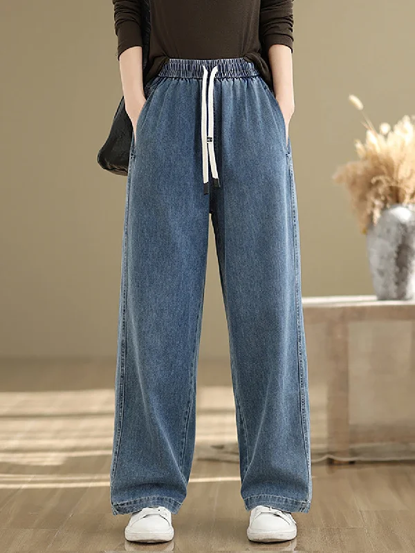 Women Spring Casual Pure Color Denim Straight Pants Modern Bootcut Pants