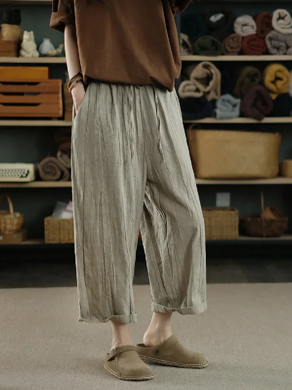 Women Spring Casual Pure Color Ramie Cotton Harem Pants Relaxed High-Waist Trousers