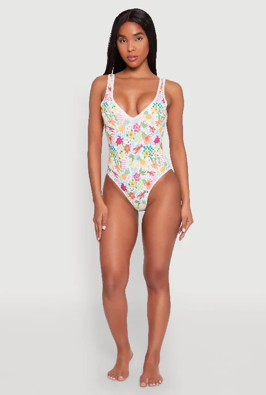 Tropical Floral Print One Piece Swimsuit Soft Beachwear Set
