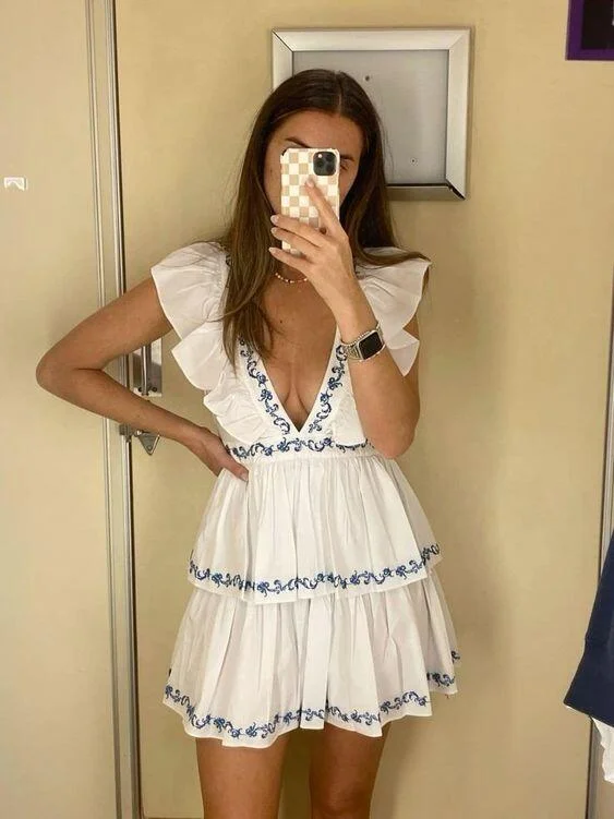 White V Neck Ruffle A-Line Short Party Dress Fashion Summer Dress, DP3344 Tunics Timeless classic White V Neck Ruffle A-Line Short Party Dress Fashion Summer Dress, DP3344 Tunics Timeless classic