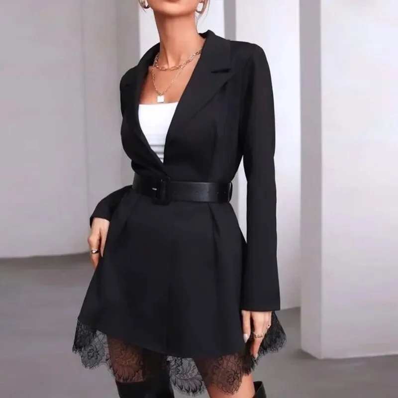 Advbridge Women Sexy Lapel V-neck Solid Mini Dress Fashion Slim Commuter Party Dress Elegant Lace Patchwork Long Sleeve Blazer Dresses Tunics Canvas sturdy