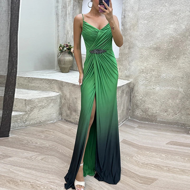 Advbridge Elegant Fashion Gradient High Split Dresses Lady Pleated Waisted Party Dresses Women Sexy Deep V-neck Sleeveless Evening Dress Tunics Party sparkling Advbridge Elegant Fashion Gradient High Split Dresses Lady Pleated Waisted Party Dresses Women Sexy Deep V-neck Sleeveless Evening Dress Tunics Party sparkling